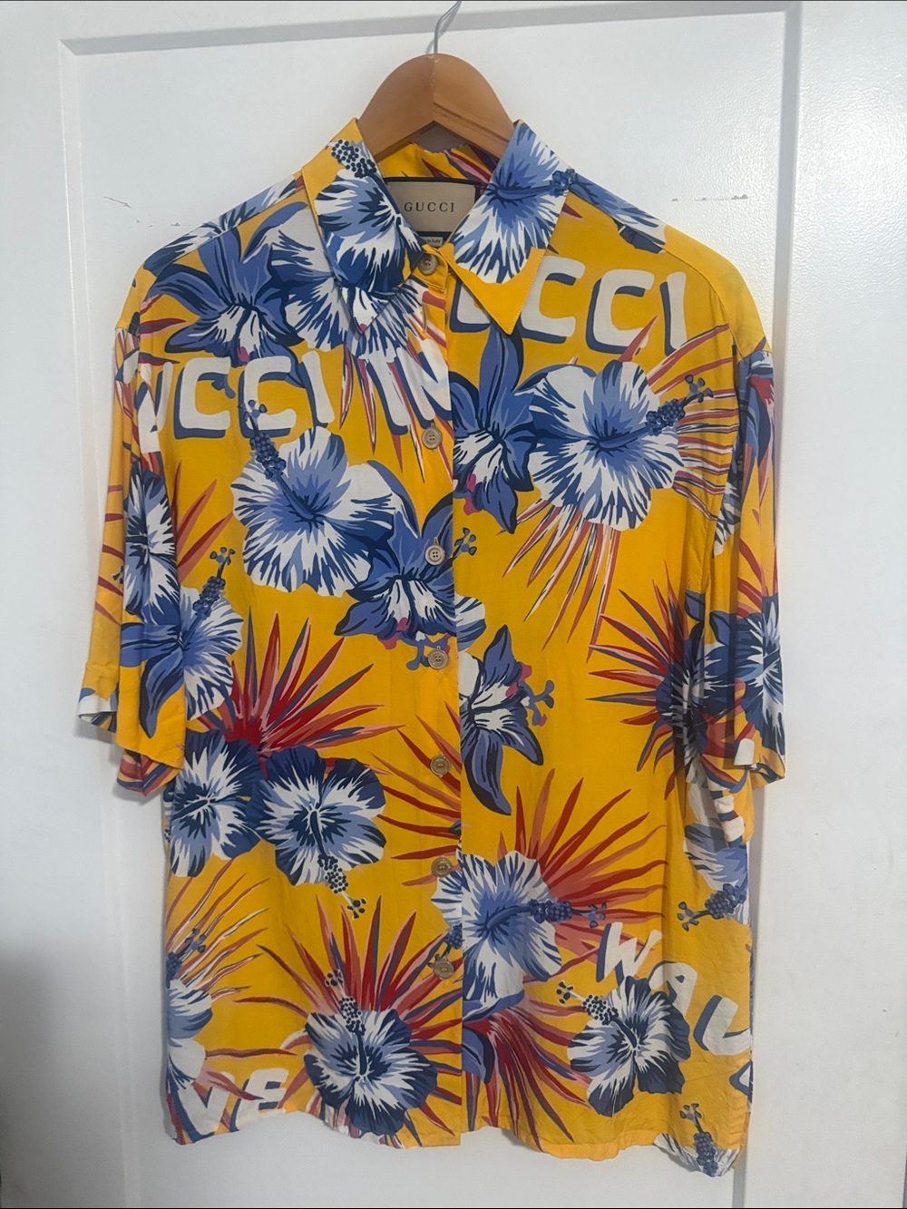 Gucci Yellow Hawaiian Floral Button-Down Shirt with Blue & Red Accents